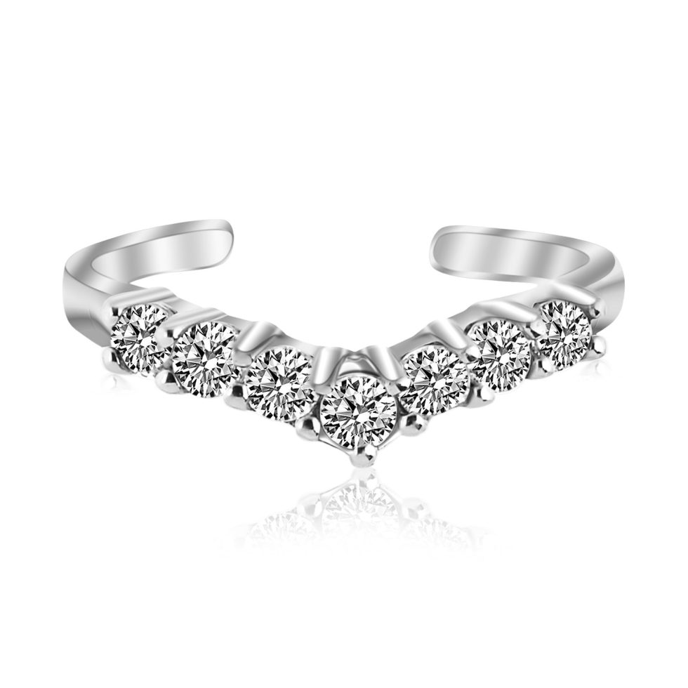 White cubic zirconia V-shape toe ring in rhodium-plated sterling silver, elegant and sophisticated