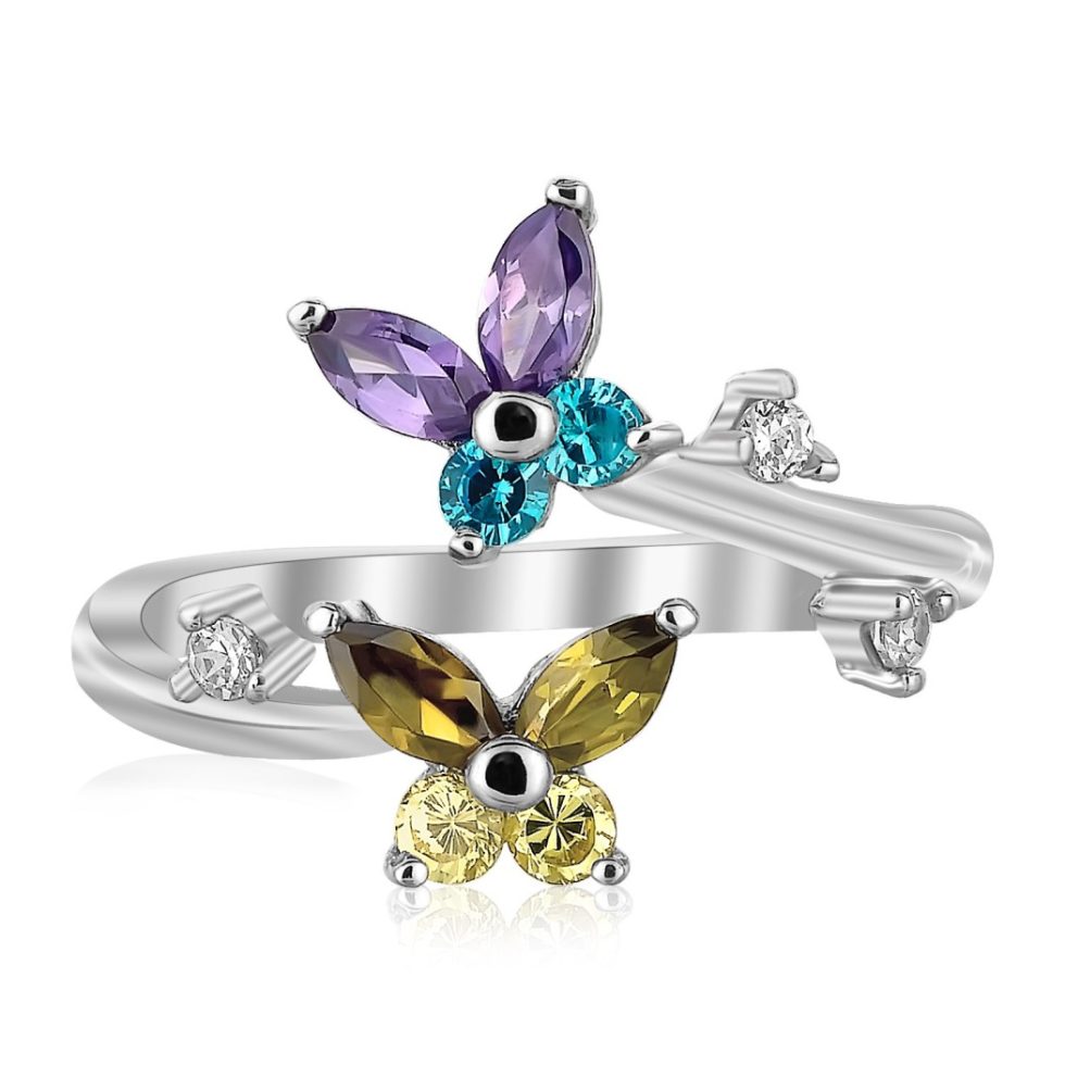 Floral Toe Ring with Multi-Tone Cubic Zirconia, Colorful Sterling Silver Toe Jewelry