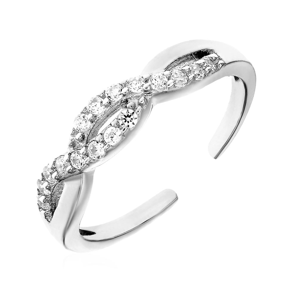 Sterling silver toe ring with intertwined cubic zirconia, elegant and luxurious