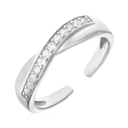 Sterling Silver Toe Ring with Crossover Motif and Cubic Zirconia Accents, Elegant Crossover Design Jewelry