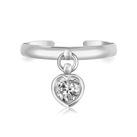 Heart Charm Toe Ring with White Cubic Zirconia Accent, Romantic Sterling Silver Toe Jewelry