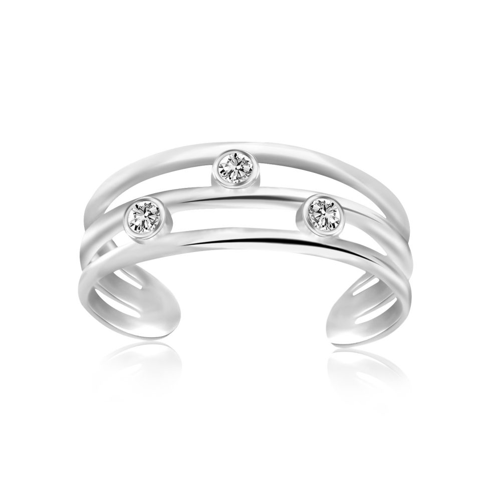 Triple Line Open Toe Ring with White Cubic Zirconia Embellishment, Modern Sterling Silver Jewelry